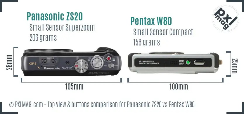 Panasonic ZS20 vs Pentax W80 top view buttons comparison