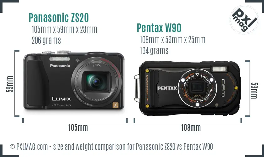 Panasonic ZS20 vs Pentax W90 size comparison