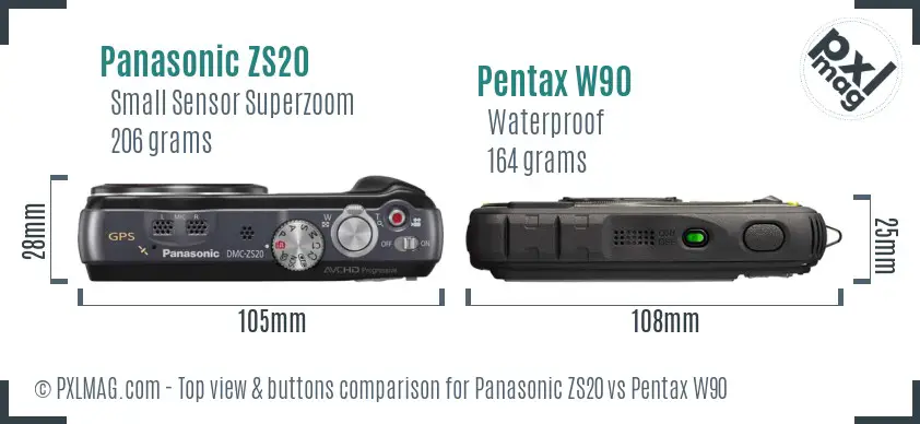 Panasonic ZS20 vs Pentax W90 top view buttons comparison