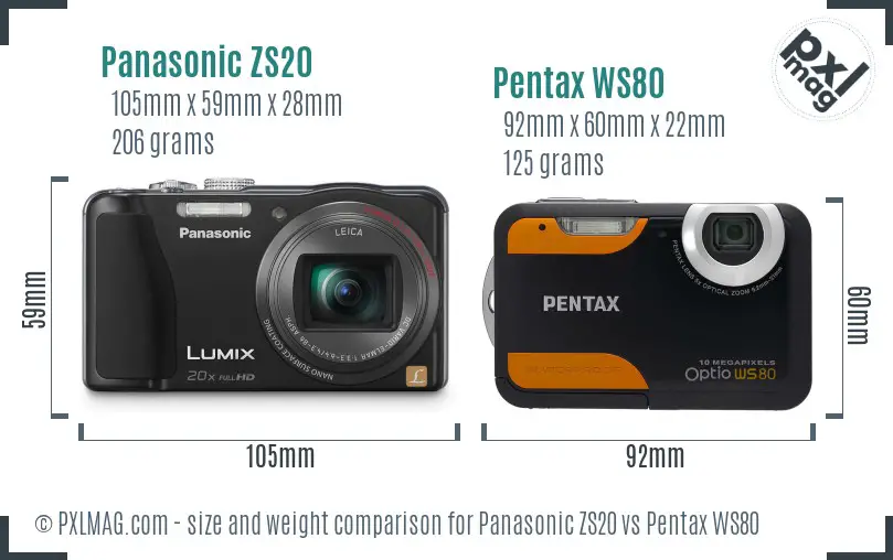 Panasonic ZS20 vs Pentax WS80 size comparison