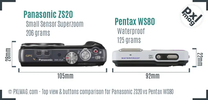 Panasonic ZS20 vs Pentax WS80 top view buttons comparison