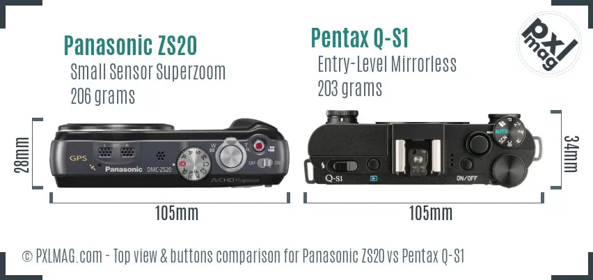 Panasonic ZS20 vs Pentax Q-S1 top view buttons comparison