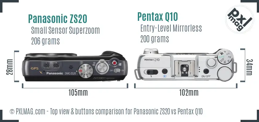 Panasonic ZS20 vs Pentax Q10 top view buttons comparison