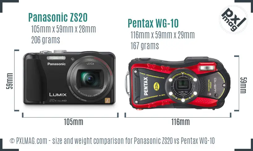 Panasonic ZS20 vs Pentax WG-10 size comparison