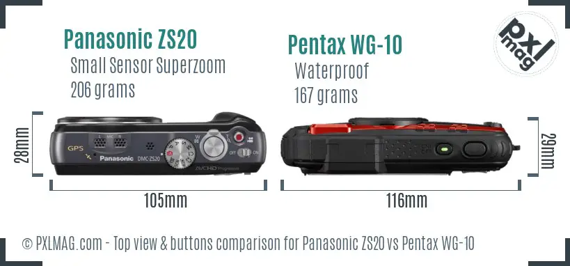 Panasonic ZS20 vs Pentax WG-10 top view buttons comparison