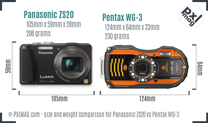 Panasonic ZS20 vs Pentax WG-3 size comparison