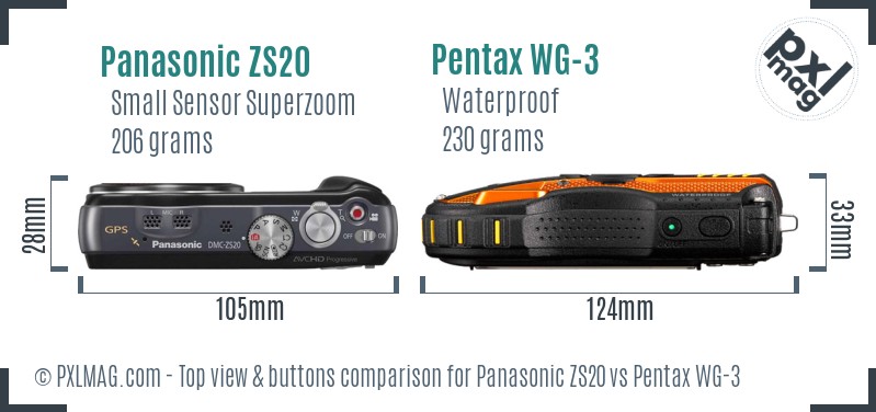 Panasonic ZS20 vs Pentax WG-3 top view buttons comparison