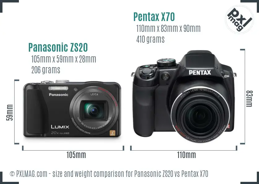 Panasonic ZS20 vs Pentax X70 size comparison
