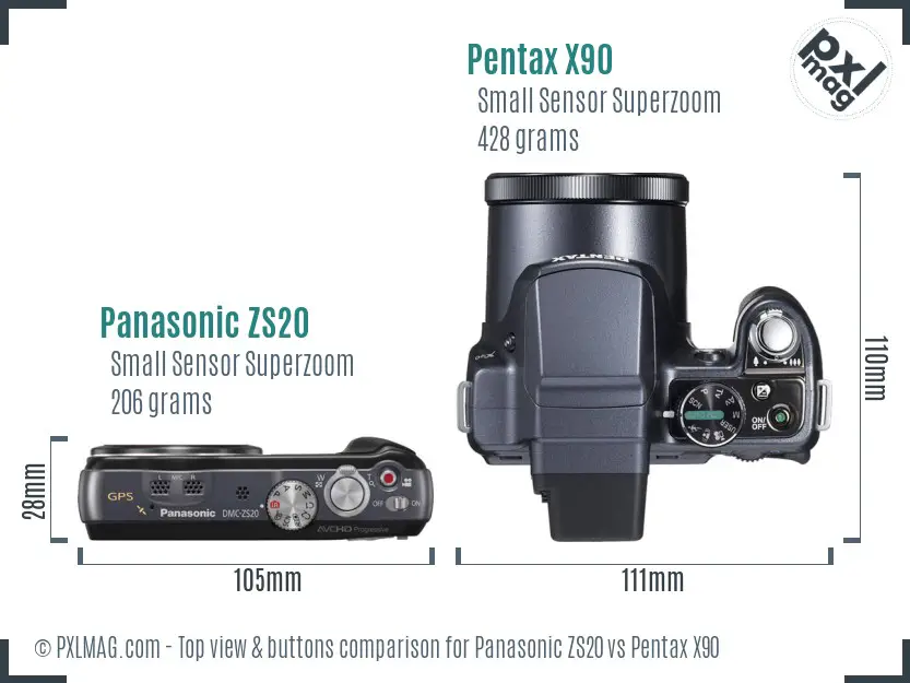 Panasonic ZS20 vs Pentax X90 top view buttons comparison