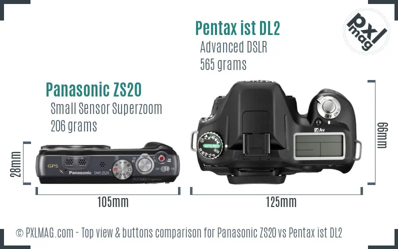 Panasonic ZS20 vs Pentax ist DL2 top view buttons comparison