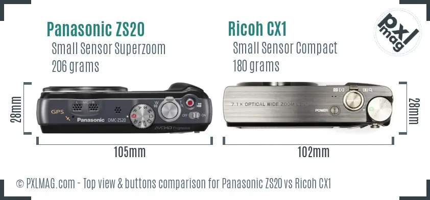 Panasonic ZS20 vs Ricoh CX1 top view buttons comparison