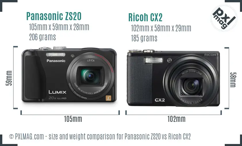 Panasonic ZS20 vs Ricoh CX2 size comparison