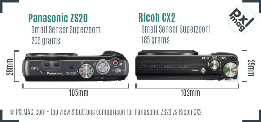 Panasonic ZS20 vs Ricoh CX2 top view buttons comparison