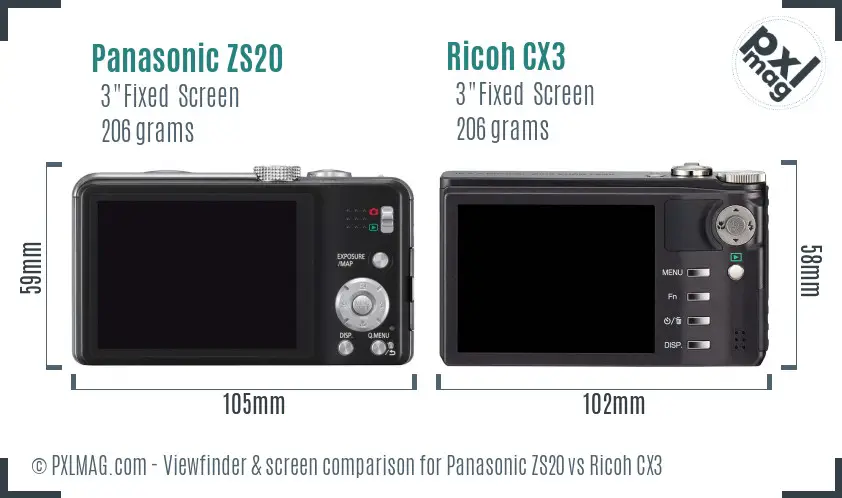 Panasonic ZS20 vs Ricoh CX3 Screen and Viewfinder comparison