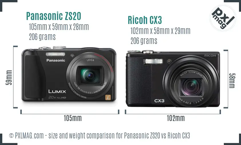 Panasonic ZS20 vs Ricoh CX3 size comparison