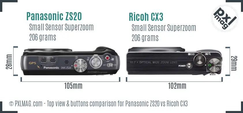 Panasonic ZS20 vs Ricoh CX3 top view buttons comparison