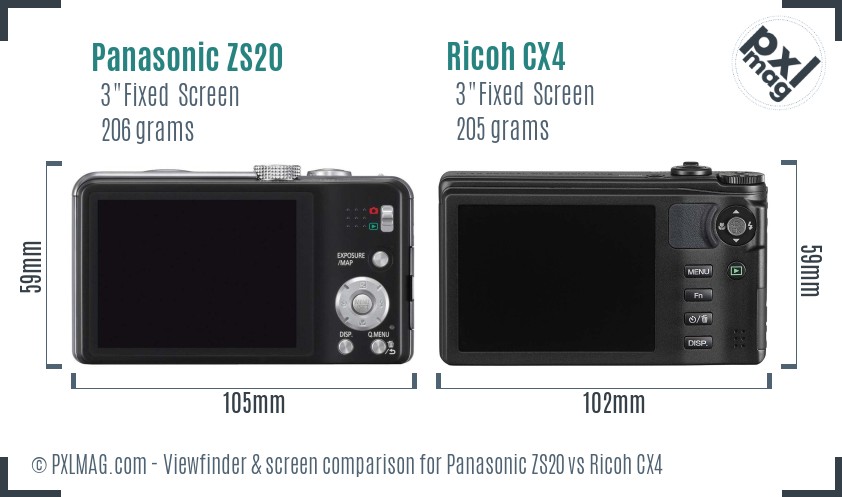 Panasonic ZS20 vs Ricoh CX4 Screen and Viewfinder comparison