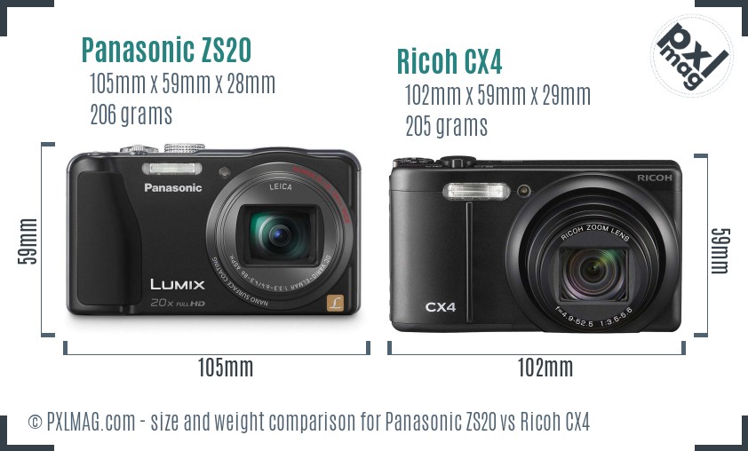 Panasonic ZS20 vs Ricoh CX4 size comparison