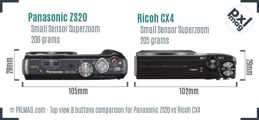 Panasonic ZS20 vs Ricoh CX4 top view buttons comparison