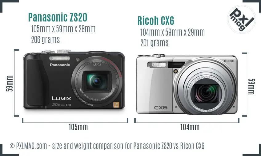 Panasonic ZS20 vs Ricoh CX6 size comparison