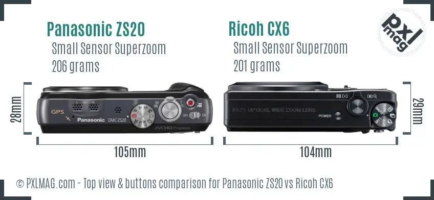 Panasonic ZS20 vs Ricoh CX6 top view buttons comparison