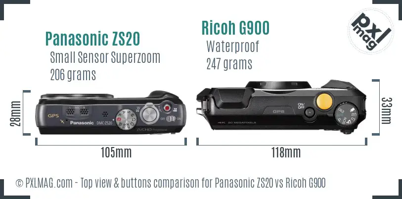 Panasonic ZS20 vs Ricoh G900 top view buttons comparison Panasonic ZS20 vs Ricoh G900 top view buttons comparison