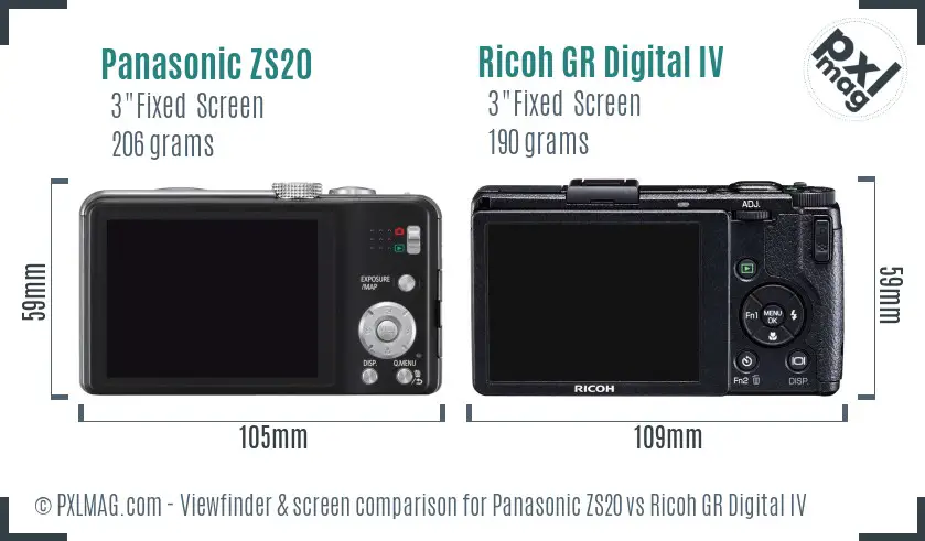 Panasonic ZS20 vs Ricoh GR Digital IV Screen and Viewfinder comparison