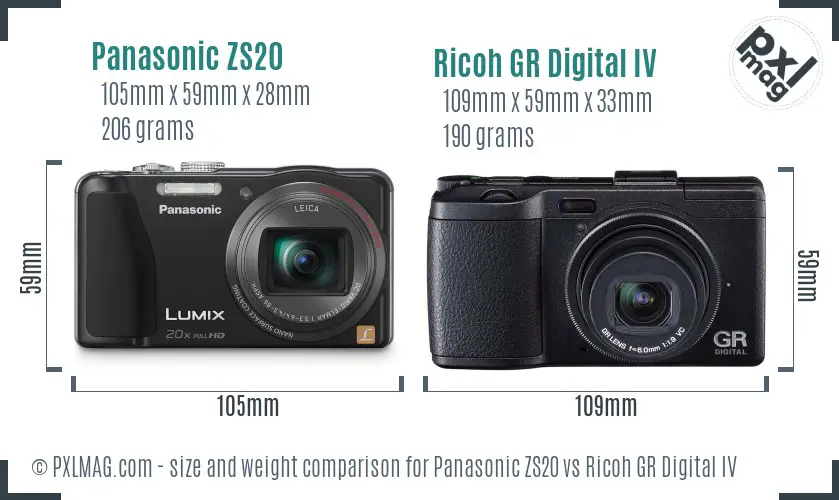 Panasonic ZS20 vs Ricoh GR Digital IV size comparison