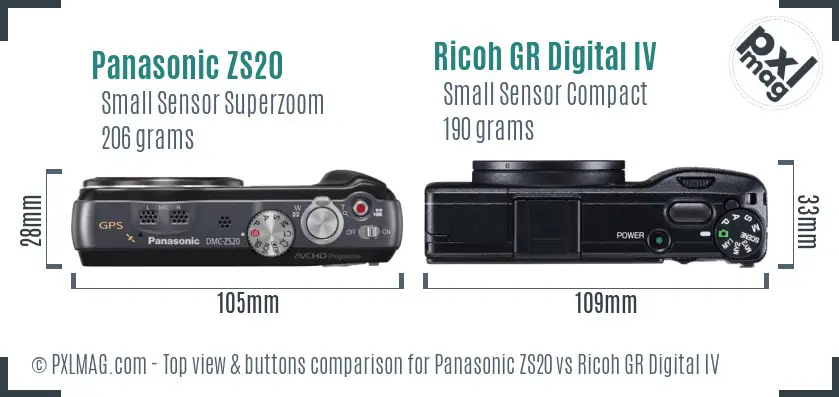 Panasonic ZS20 vs Ricoh GR Digital IV top view buttons comparison