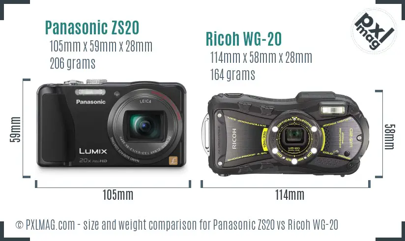 Panasonic ZS20 vs Ricoh WG-20 size comparison