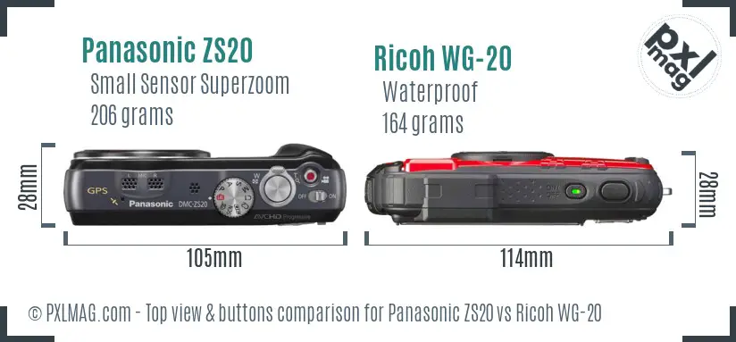 Panasonic ZS20 vs Ricoh WG-20 top view buttons comparison