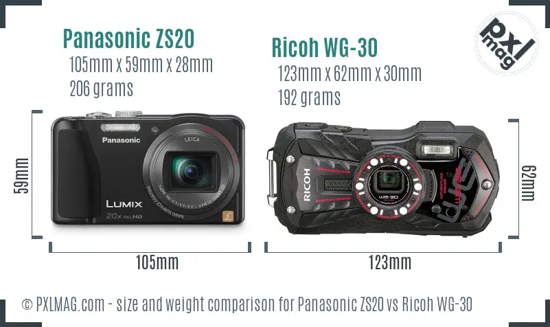 Panasonic ZS20 vs Ricoh WG-30 size comparison Panasonic ZS20 vs Ricoh WG-30 size comparison