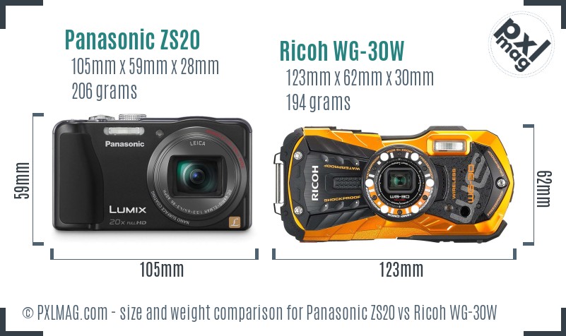 Panasonic ZS20 vs Ricoh WG-30W size comparison