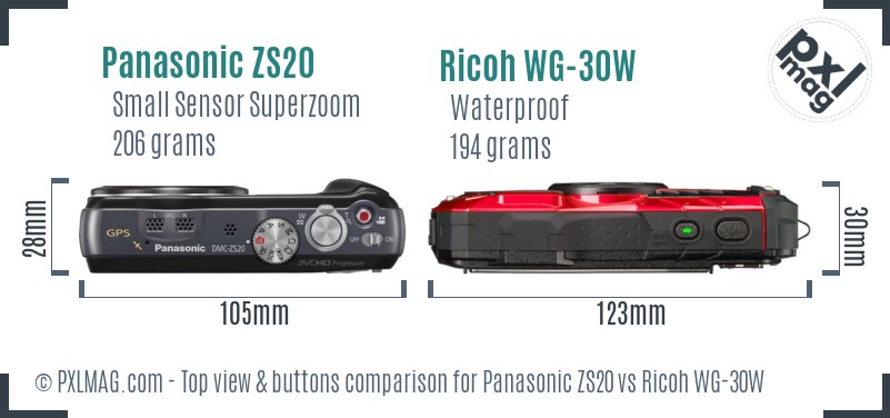 Panasonic ZS20 vs Ricoh WG-30W top view buttons comparison