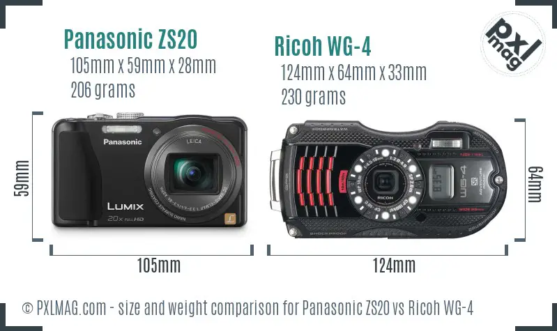 Panasonic ZS20 vs Ricoh WG-4 size comparison