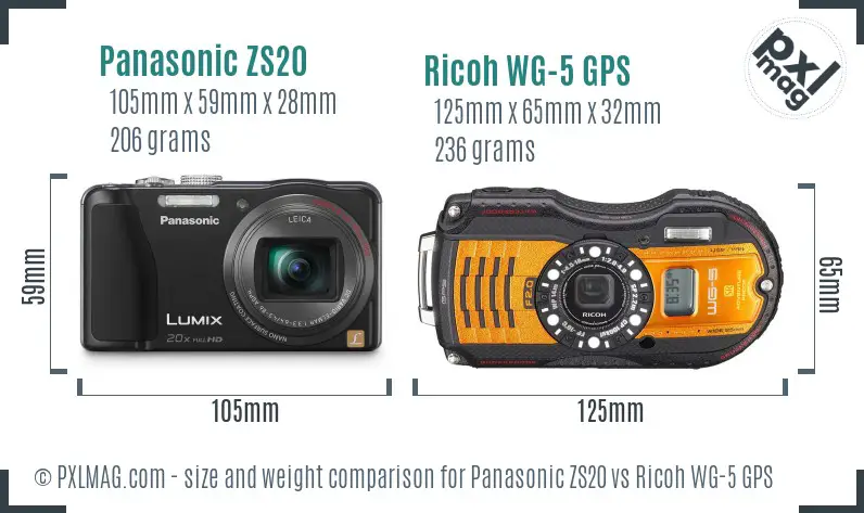 Panasonic ZS20 vs Ricoh WG-5 GPS size comparison