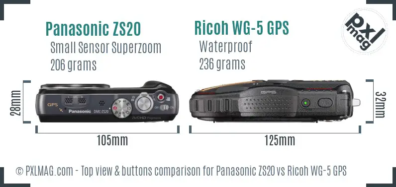 Panasonic ZS20 vs Ricoh WG-5 GPS top view buttons comparison