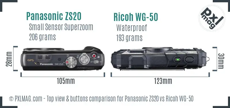 Panasonic ZS20 vs Ricoh WG-50 top view buttons comparison Panasonic ZS20 vs Ricoh WG-50 top view buttons comparison