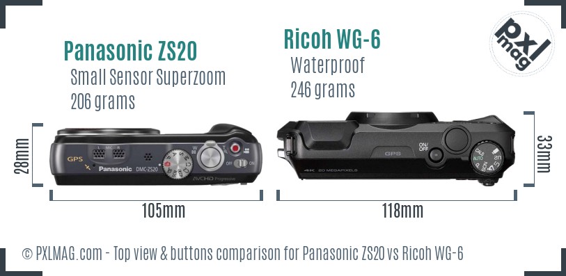 Panasonic ZS20 vs Ricoh WG-6 top view buttons comparison