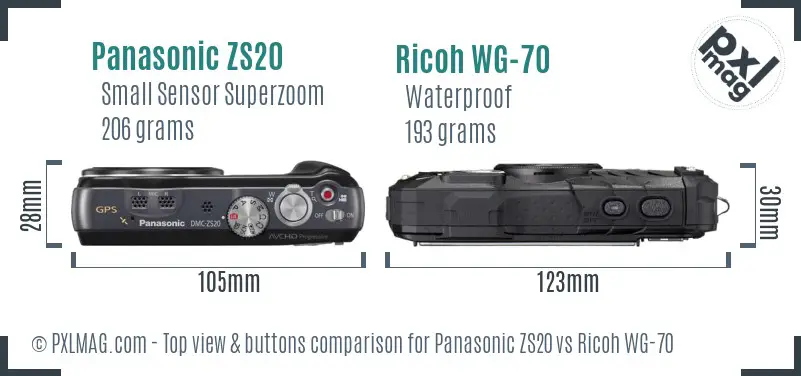 Panasonic ZS20 vs Ricoh WG-70 top view buttons comparison