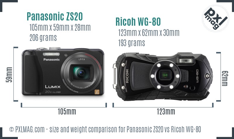 Panasonic ZS20 vs Ricoh WG-80 size comparison