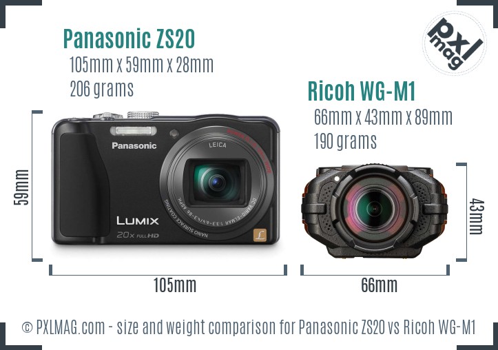 Panasonic ZS20 vs Ricoh WG-M1 size comparison