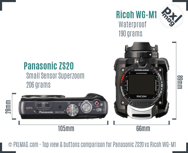 Panasonic ZS20 vs Ricoh WG-M1 top view buttons comparison