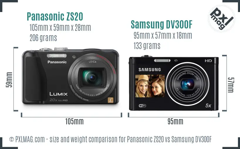 Panasonic ZS20 vs Samsung DV300F size comparison