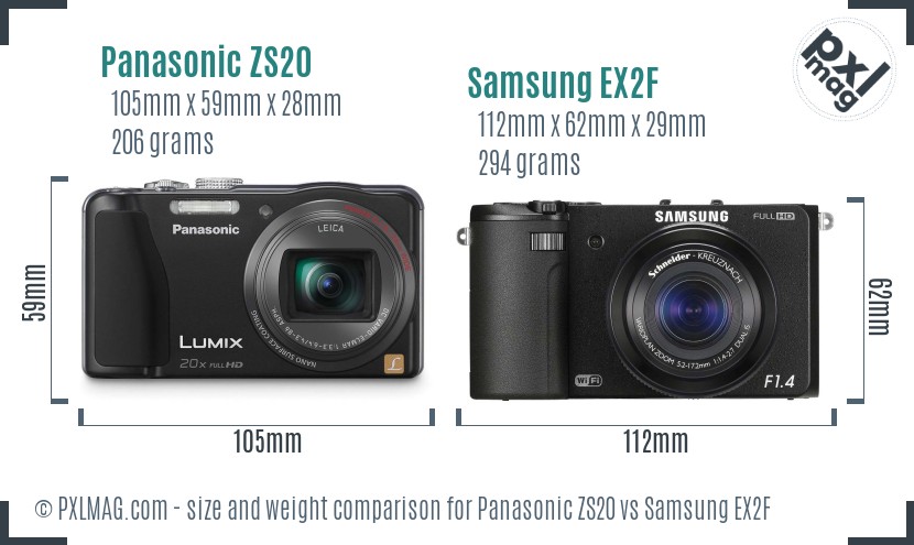 Panasonic ZS20 vs Samsung EX2F size comparison