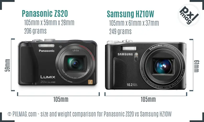 Panasonic ZS20 vs Samsung HZ10W size comparison