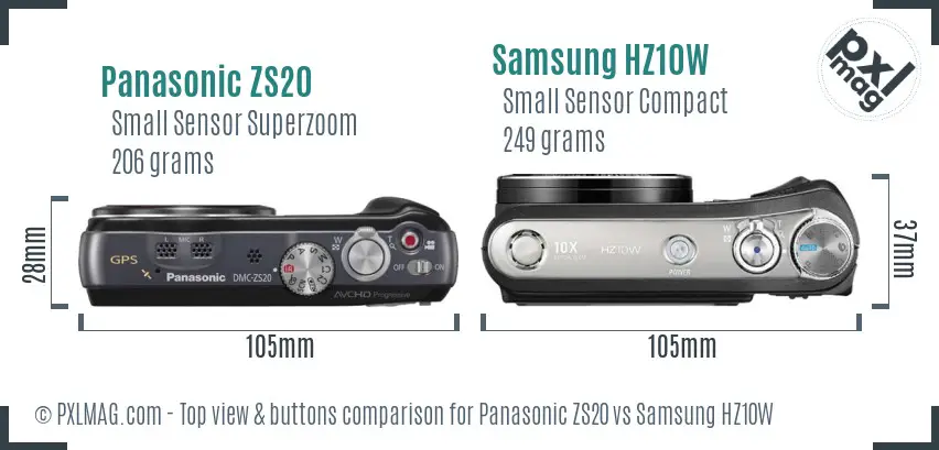 Panasonic ZS20 vs Samsung HZ10W top view buttons comparison