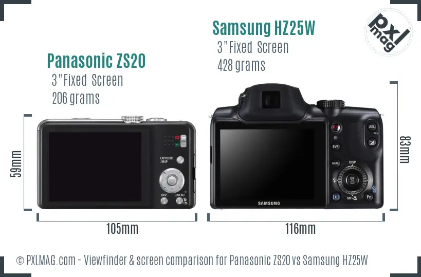 Panasonic ZS20 vs Samsung HZ25W Screen and Viewfinder comparison