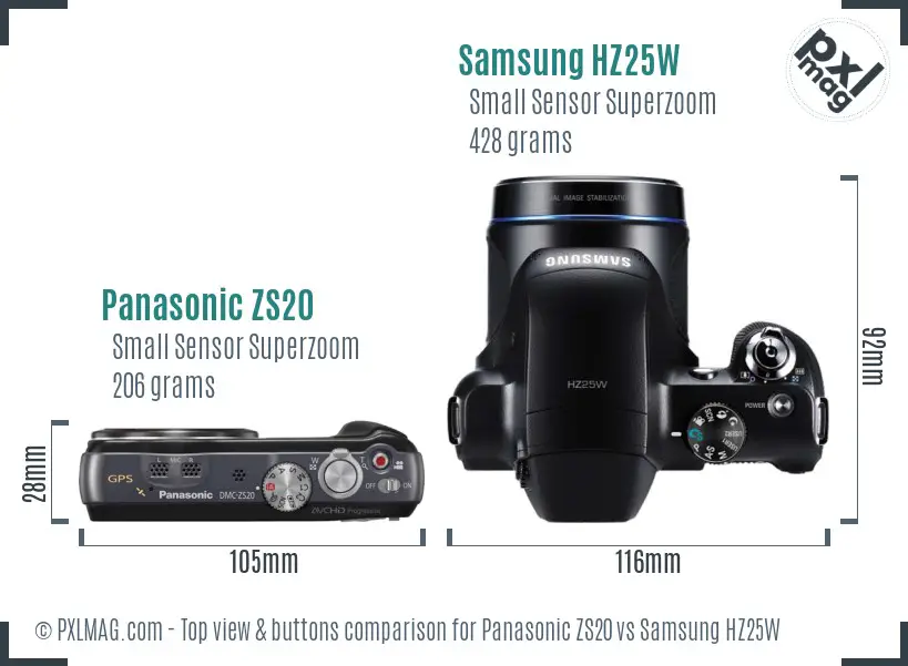 Panasonic ZS20 vs Samsung HZ25W top view buttons comparison