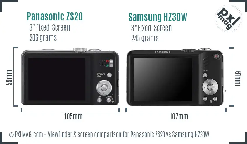 Panasonic ZS20 vs Samsung HZ30W Screen and Viewfinder comparison